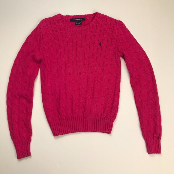 RALPH LAUREN SPORT Slim Fit Pink Raspberry M Crew Neck Cable Sweater - Picture 3 of 7